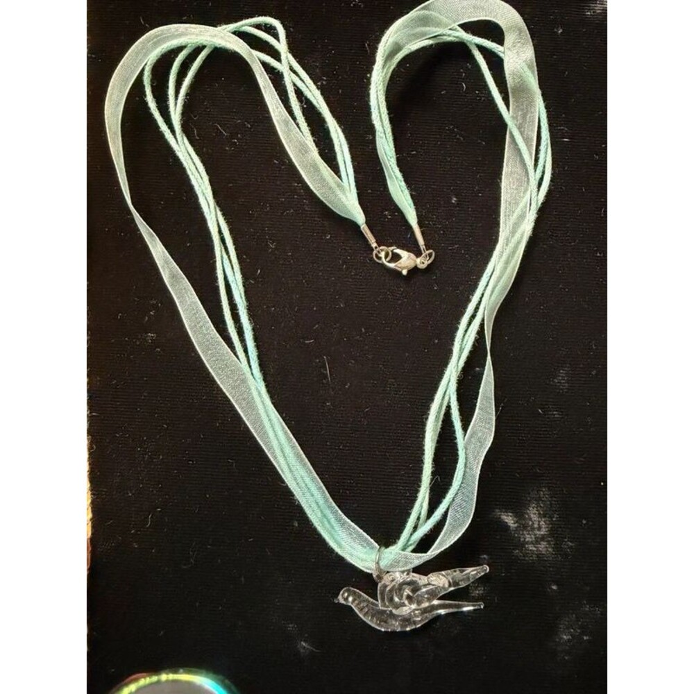 Glass Bird Pendant Aqua 4 Strand Cord Ribbon Necklace